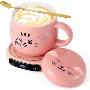 Electric LED Display Smart Coffee Mug Warmer & Cute Cat Mug Set, Beverage Cup